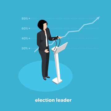 politically the leader at the rostrum, the leading candidate in the election on a blue background, isometric image