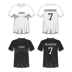 Sport Men's t-shirt with short sleeve in front and back views. Black and White or Design editable color. Mock up of sport wear concept. Sport and Fashion theme. EP10 Vector illustration.