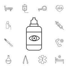Liquid for cleaning, rinsing, disinfecting, storing contact lens line icon. Set of medecine tools icons. Signs, outline symbols collection, simple icons