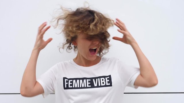 Hysteric Drama Queen Woman Freaking Out Screaming In Femme Vibe T-Shirt. Slow Motion. 4K.  