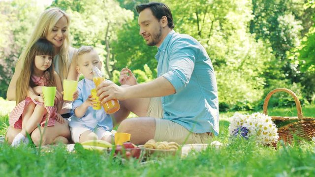 Young happy parents sitting with their cute small son and daughter, drinking orange juce and having a nice picnic in the picturesque green sunny park. Outdoor