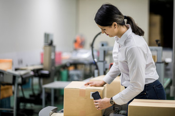 female warehouse worker checking delivering boxes. distribution center. logistics concept. 