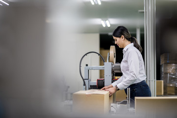 latina worker portrait in packaging plant.