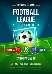 Football league tournament poster vector illustration, Ball with football pitch background. © Farosofa