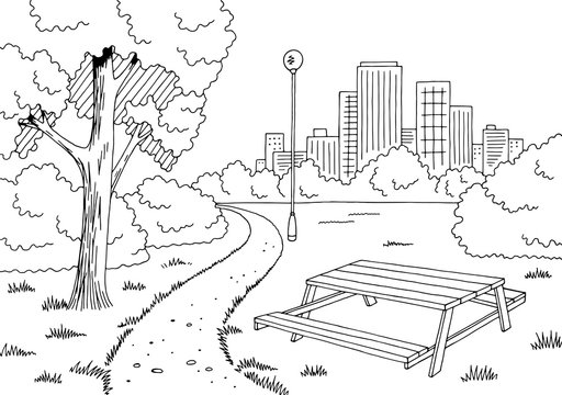 Park graphic black white table landscape sketch illustration vector