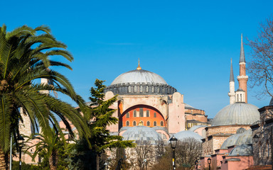 Exterior of the Hagia Sophia in Sultanahmet, Istanbul, on sunny day
