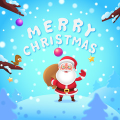 Merry Christmas. Santa claus in snow scene. Beautiful christmas scene in cartoon style. Vector illustration, eps 10.