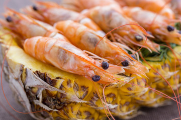 Boiled shrimp served in pineapple, Thailand