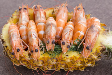 Boiled shrimp served in pineapple, Thailand