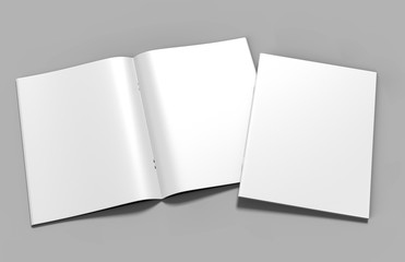 Blank white catalog, magazines, book mock up on grey  background. 3d render illustration.