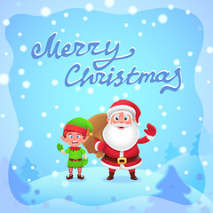 Merry Christmas. Santa and elf in snow scene. Beautiful christmas scene in cartoon style. Vector illustration, eps 10.