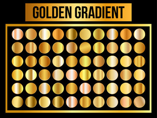 Big collection of round gold gradient. Set of metallic glare. Vector illustration