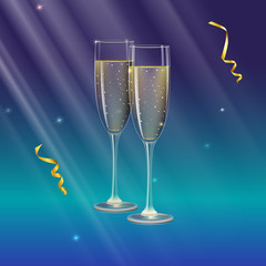 Glasses of champagne and streamer. Rays of light on backdrop. Champagne with bubbles in wineglass with place for your text, 3D illustration
