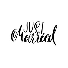Just married. Dry brush lettering. Hand drawn calligraphy card. Modern typography poster. Vector illustration.