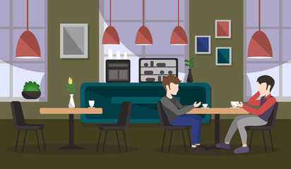 Young people in a cafe are drinking coffee. Vector illustration.