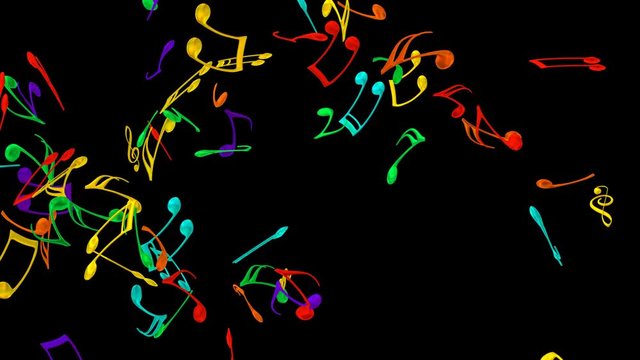 Animated colorful music notes bursting or flying in slow motion and against black background, mask included.