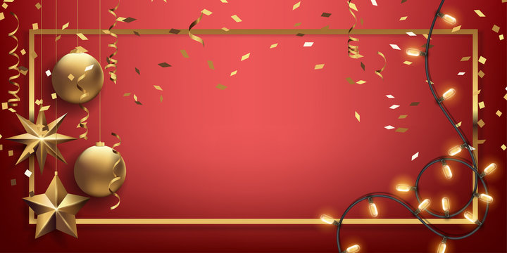 Vector illustration eps10 of happy new year and merry christmas 2018 background with star,chrsitmas ball,golden ribbon and confetti.