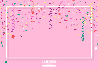 Coloful confetti background with frame in celebration concept.