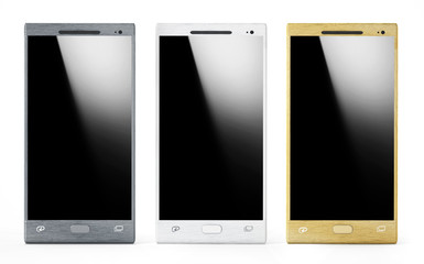 Three smartphones with blank screens. 3D illustration