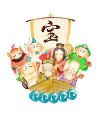 七福神 宝船 正月 年賀　水彩 イラスト