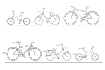 Bicycle Set for family ride, silhouette of bikes isolated on white background, bike for man, woman, boy, girl, vector illustration