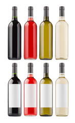 Wine bottles collection with blank white label and without label, isolated, mock up. Template for advertising, design, branding identity.