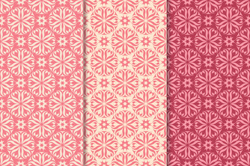 Cherry red floral ornaments. Set of vertical seamless patterns