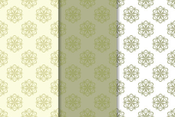 Fototapeta na wymiar Set of olive green floral backgrounds. Seamless patterns