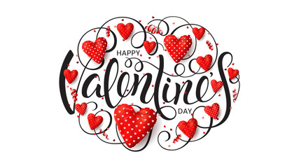 Happy Valentine's Day Festive Card. Top view on composition with Fabric Red Hearts, confetti and serpentine on white background. Vector illustration with Lettering.