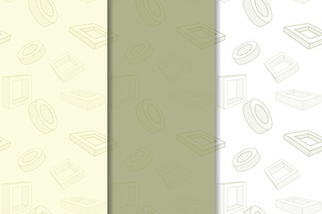 Olive green and white geometric ornaments. Set of seamless patterns
