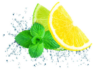 lemon and lime water splash isolated on white