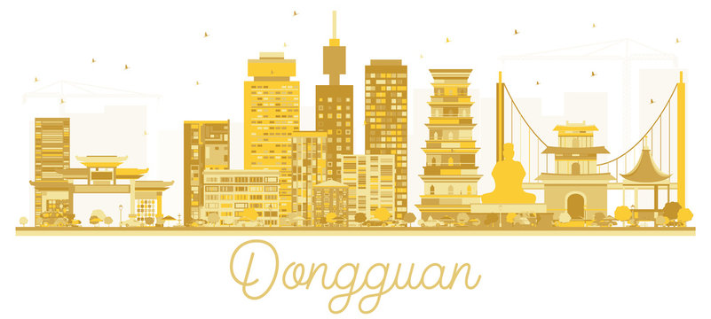 Dongguan China City skyline golden silhouette.