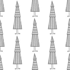 Christmas decorative trees. Black and white seamless pattern for coloring book or page. Vector