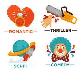 Movie genre icons. Vector flat isolated symbols set for cinema or channel movie genre tag.