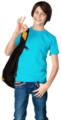 Smiling Kid with Backpack Showing OK Sign