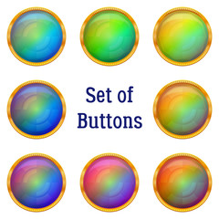 Set of Colorful Glass Round Buttons with Golden Frames, Computer Icons for Web Design, Isolated on White Background. Vector