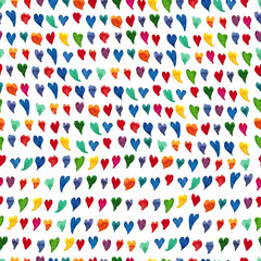 Watercolor hand drawn sketch illustration seamless pattern background with bright colorful hearts on white