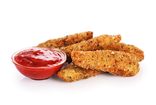 Chicken strips and ketchup isolated on white background.