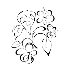 ornament 196. floral twig with three flowers and leaves in black lines on a white background