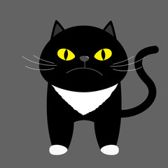 Black kitten cat with yellow eyes. Cute cartoon funny character. Kawaii animal. Face with moustaches, nose, ears, tail. White paw. Love animals. Flat design. Gray background. Isolated.