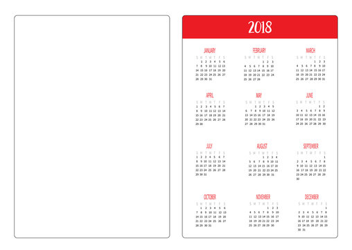 Simple pocket calendar layout 2018 new year template. Week starts Sunday. Vertical orientation. Flat design. White background. Isolated.