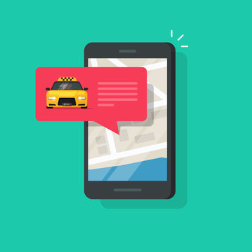 Online taxi service on mobile phone vector illustration isolated, flat carton design of smartphone, taxicab in bubble speech and map location destination