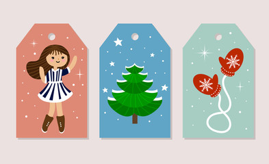 Set of Christmas cards. Vector illustrations of Christmas attributes. Illustration for kids poster, postcard, cover.