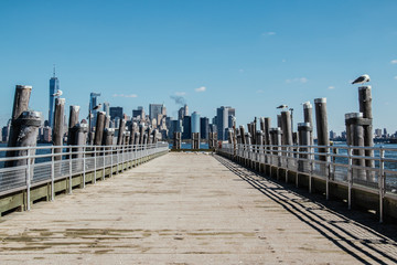 Steg mit Möwen vor der New Yorker Skyline