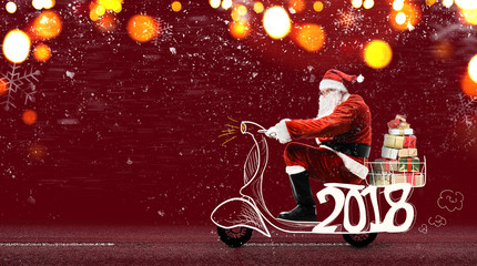 Santa Claus on scooter delivering Christmas or New Year gifts at snowy red background