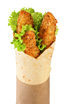 Tortilla Wrap With Chicken Strips Isolated On White Background.