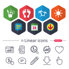 Beach holidays icons. Cocktail, human footprints.