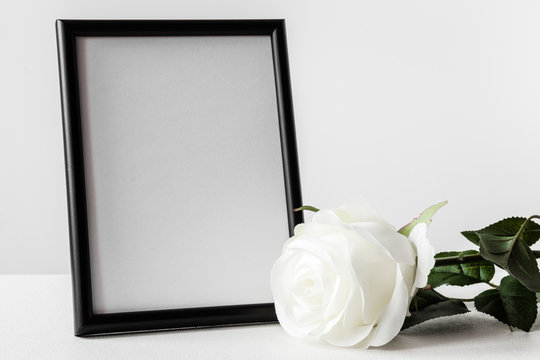 White blank condolence card with black frame and white artificial rose on the light background. Empty place for a text or photo.