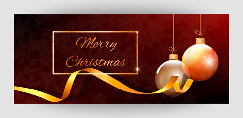 Horizontal gift gold design background with ribbons and balls for invitation, voucher. For a banner, postcards. flyer, label, certificate, company card. Merry New Year and Happy Christmas. Vector.