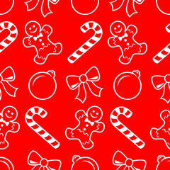 Christmas vector seamless pattern featuring red and white candy canes, gingerbread men, ornaments and bows against a red background.